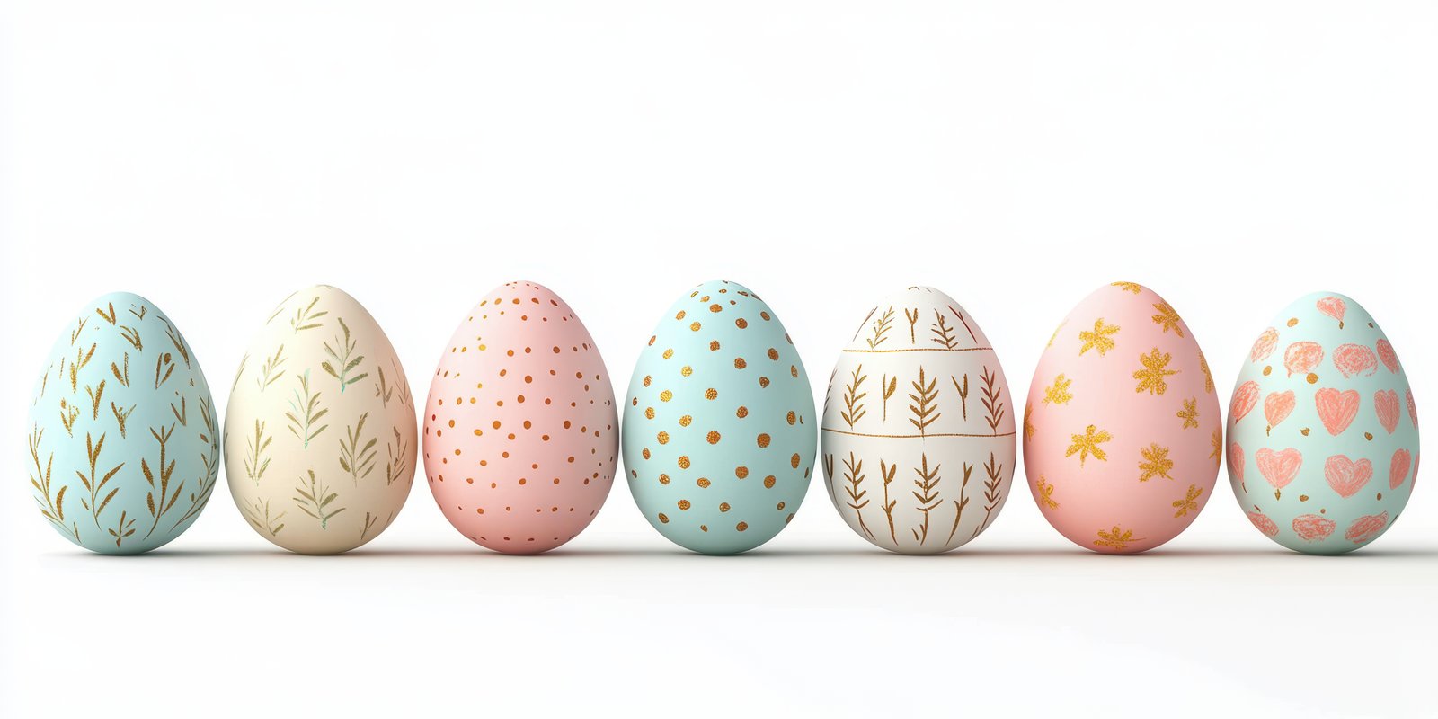 Colorful decorated eggs arranged in a row reflecting Easter festivities and spring celebrations